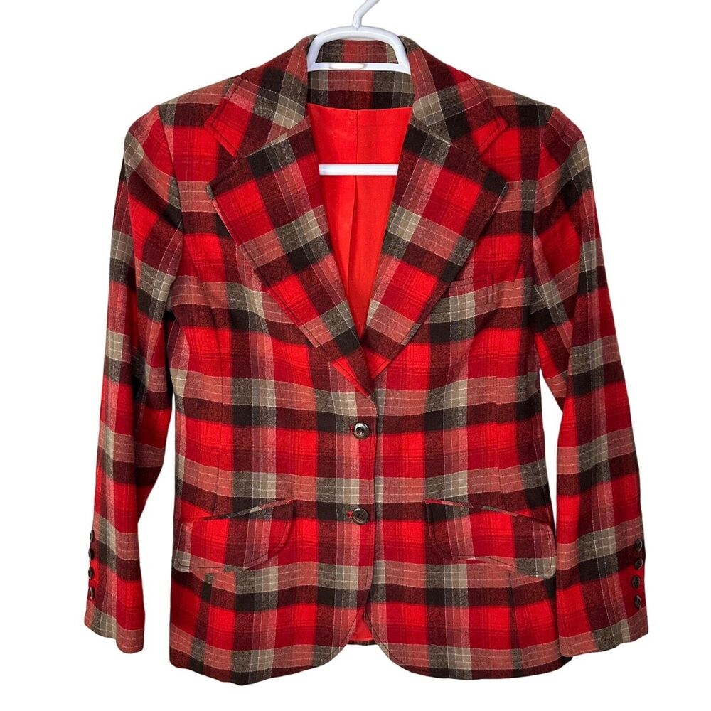 Vintage Wool‎ Women's Small Blazer Red Plaid 70s Custom Made 2 Button GUC